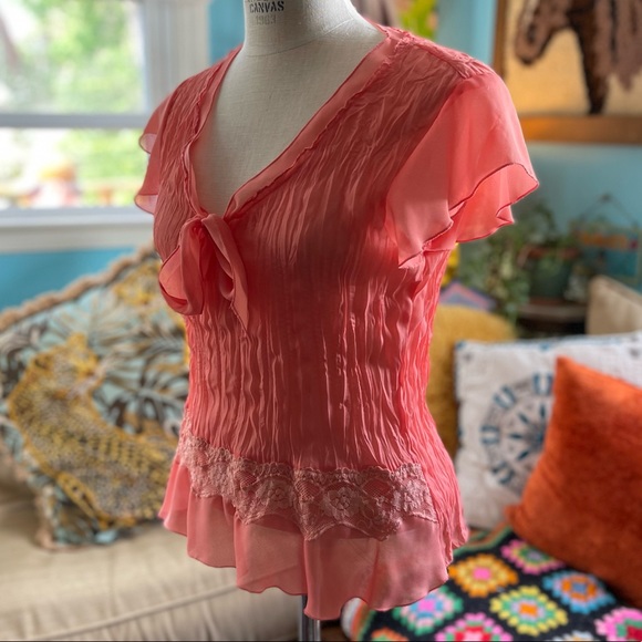 y2k Top Crinkle Chiffon Wrinkle Blouse Flutter Cap Sleeve Ruffles Lace - Picture 7 of 16